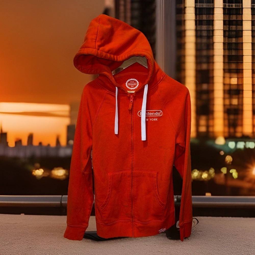 Official Nintendo‎ Seal Hooded Jacket Men S Orange Kangaroo Pocket Logo Drawst